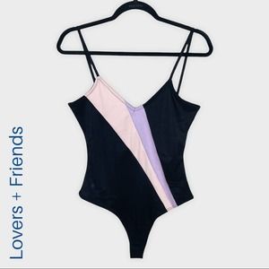 NWT Revolve Lovers + Friends black colorblock stripe thong bodysuit size small
